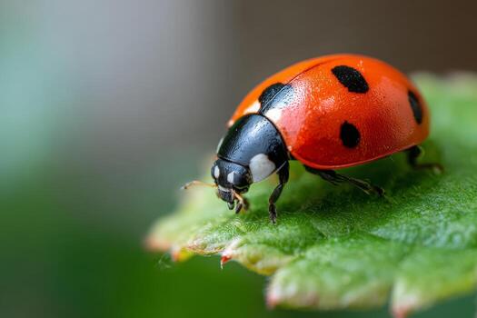 A vibrant red ladybug with black spots navigates across a fresh green leaf. Sunlight filters through the leaves, highlighting the insects colors in a garden setting during springtime photo