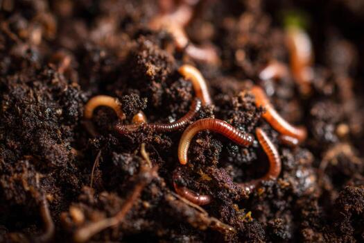 Red worms move through moist soil, aiding in decomposition and enriching compost. This close view highlights their role in soil health and ecosystem balance photo