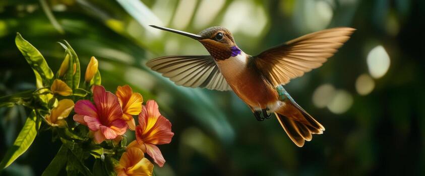 A hummingbird gracefully hovers near colorful tropical flowers, showcasing its iridescent feathers and intricate wing patterns photo