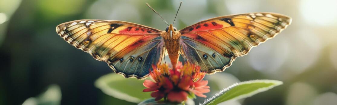 A colorful butterfly displays its wings wide open on a flower, showcasing intricate textures and bright hues. Natural light enhances the scene, creating a hyper realistic look photo