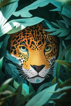 Jaguar face appears through the dense foliage of a tropical rainforest, showcasing a striking hollow paper-cut design that plays with light and shadow in 3D effect photo