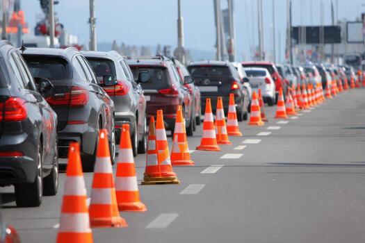 A long queue of cars is halted in heavy traffic along a busy roadway near the harbor. Bright orange traffic cones are positioned along the sides, indicating restrictions photo