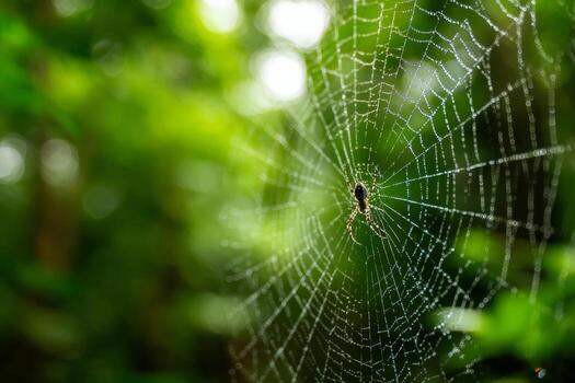 A spider meticulously constructs its web in a vibrant natural setting filled with greenery. The sunlight filters through the leaves, creating a glistening effect on the webs dewdrops photo