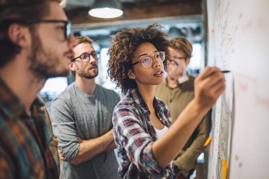 Team members are engaged in a brainstorming session in a garage, with one individual actively drawing on a large sheet of paper to illustrate ideas and concepts during the discussion photo