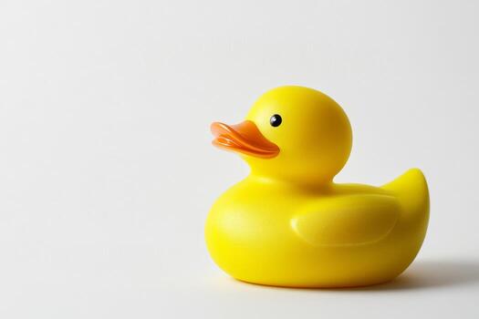 A vibrant yellow rubber duck stands out against a spotless white background, exuding a playful and whimsical vibe suitable for various creative projects and designs photo