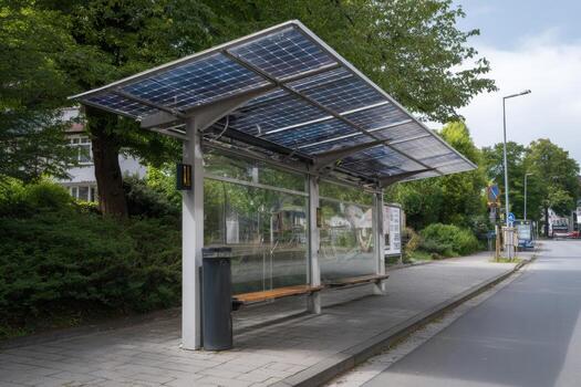 un moderno autobús abrigo caracteristicas solar paneles, ofrecimiento renovable energía en un urbano ajuste. el ubicación es forrado con árboles, Proporcionar sombra mientras esperando para público transporte foto