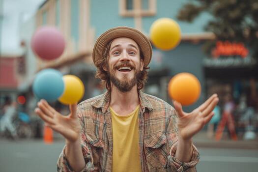 A man wearing a straw hat joyfully juggles colorful balls in an urban setting filled with onlookers. The vibrant atmosphere and sunny weather enhance the excitement of the performance photo
