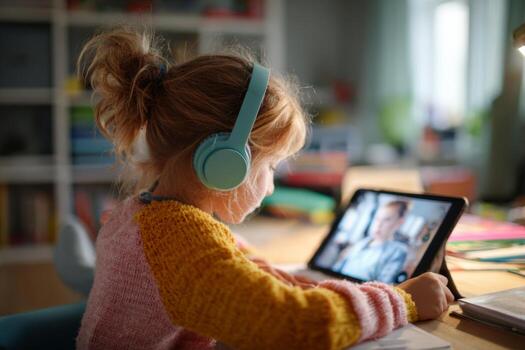 A child sits at a desk in a comfortable home setting, fully focused on an online class displayed on a tablet. The child wears headphones, indicating concentration on the lesson photo