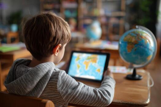 Bright classroom setting showcases a child engaging in an interactive geography lesson on a tablet. The globe nearby enhances the educational experience, promoting global awareness in young learners photo