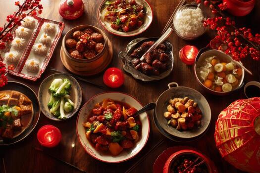 The table showcases a lavish spread of traditional Chinese New Year dishes, surrounded by decorative elements and red lanterns, creating a festive atmosphere for celebration photo
