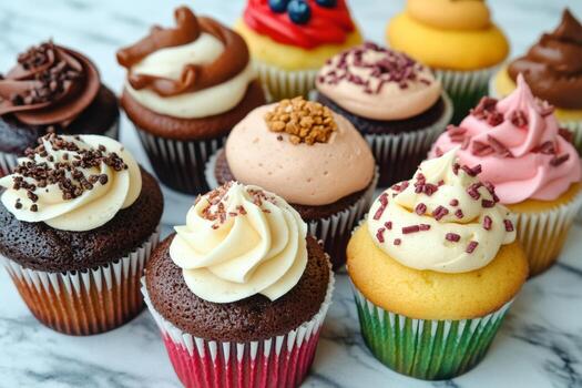 A delightful assortment of cupcakes features a variety of toppings and colors, arranged beautifully on a sleek marble countertop, perfect for an event or celebration photo