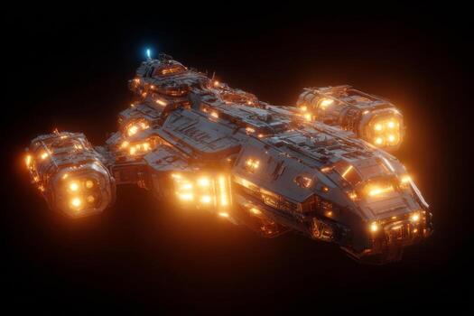 A meticulously crafted 3D rendered visualization showcases a futuristic spaceship equipped with glowing engines. The sleek design reveals advanced technology suitable for deep space exploration photo