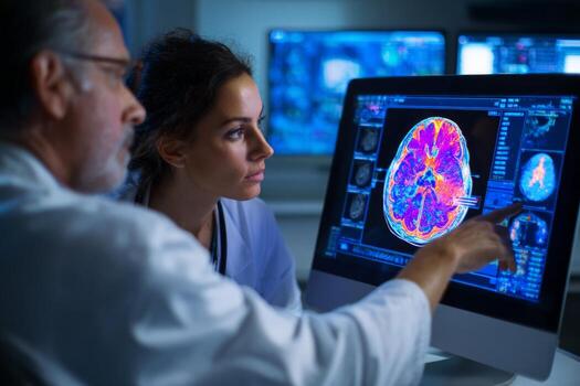 A doctor explains PET scan results to a patient using a color coded display on a computer. The setting is a modern medical facility equipped with advanced imaging technology photo