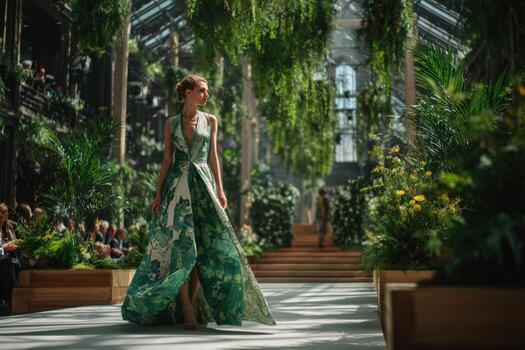 A model showcases a vibrant dress adorned with floral patterns while walking the runway. The atmosphere is filled with greenery, creating a fresh and inviting ambiance during a fashion event photo