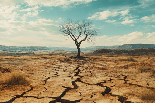 A vast desert landscape shows dry, cracked earth under an expansive sky. In the center stands a single dead tree, symbolizing the harshness of the environment and effects of drought photo