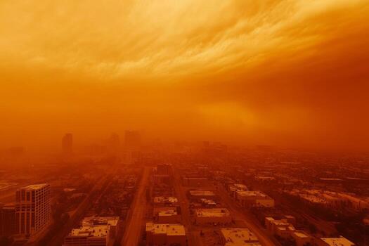 A dense dust storm covers the city, transforming the sky into a vivid orange hue and drastically reducing visibility while creating an unsettling atmosphere just before dusk photo