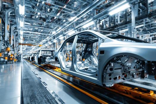 Advanced assembly line dedicated to manufacturing electric vehicles demonstrates high tech automation with precisely crafted car frames in a large facility photo