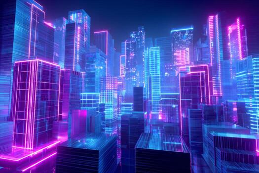 Bright neon lights illuminate a futuristic city filled with sleek skyscrapers and advanced designs. The cityscape features a dynamic interplay of colors and structures, creating a vibrant atmosphere photo