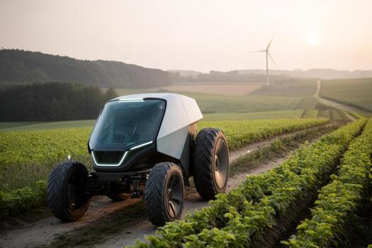 A sleek electric tractor works diligently in vibrant green fields under a clear sky. A wind turbine spins gently in the background, highlighting sustainable farming practices at sunset photo