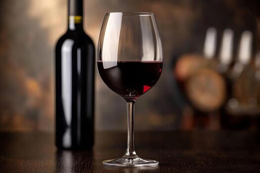 A glass filled with rich red wine sits elegantly on a dark oak tabletop, with a wine bottle softly illuminated in the background, creating a warm and inviting atmosphere photo