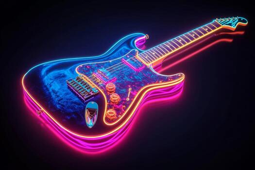 A striking electric guitar emits a soft glow with vibrant neon strings illuminating against a deep black background. The intricate design and bright colors create a visually captivating effect photo