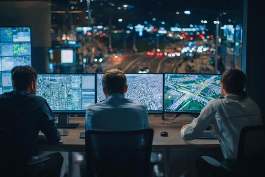 Three personnel focus on multiple computer screens displaying maps and real time traffic data at a command center in a bustling city at night photo