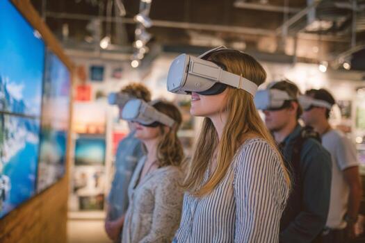A group of young adults engages with virtual reality headsets, fully immersed in a digital environment at a tech venue photo