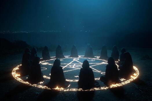 Under the vast night sky filled with stars, a group of witches gathers in a circle, engaged in a ritual surrounded by glowing symbols. The atmosphere is charged with magic and energy photo