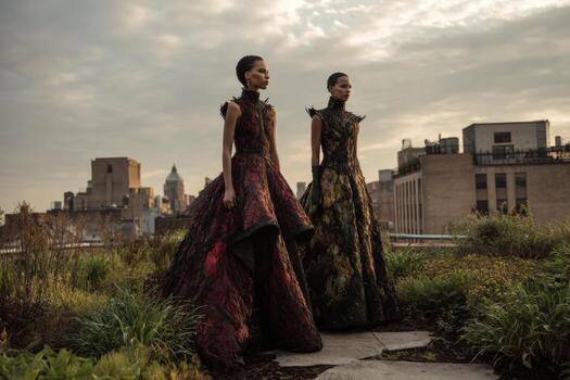 Two models stand confidently in intricately designed dresses amidst a rooftop garden. The skyline looms behind them, creating a striking contrast with nature photo