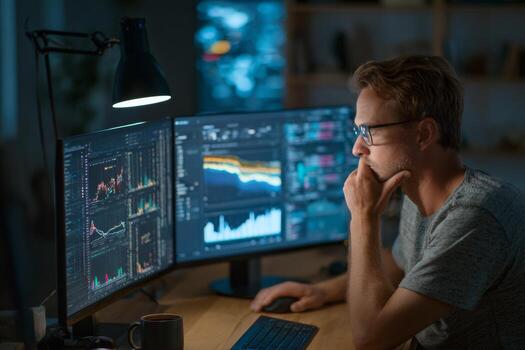 A startup founder is focused on dual monitors in a well organized home office. The screens show graphs and project management tools, highlighting the intensity of late night work photo