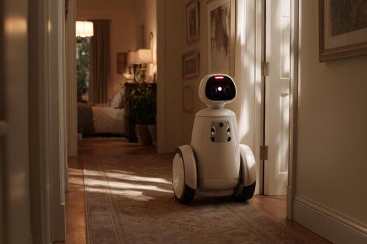 A robot assistant moves through a brightly lit hallway of a contemporary house, casting a soft shadow on the polished floor while its LED eyes glow gently photo