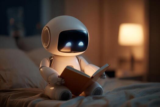 A small robot sits on a bed, holding an orange book while reading softly. The room is dimly lit, creating a warm and inviting atmosphere during nighttime photo