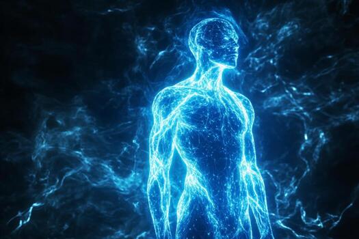 A human silhouette stands illuminated in electric blue light, showcasing bio energy in a dark environment. The ethereal glow highlights the figures form against a mystical backdrop photo