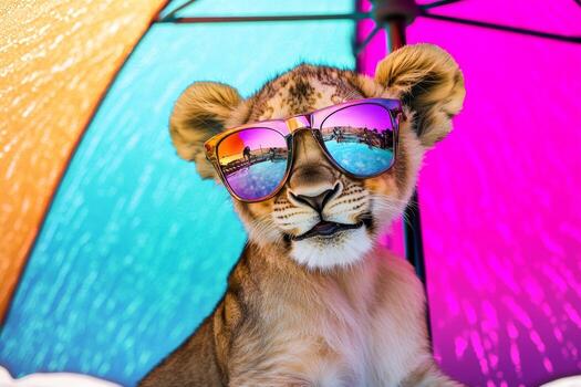 A playful lion cub sits under a vibrant beach umbrella, wearing shiny sunglasses and displaying a joyful expression. The colorful setting creates a fun and lively atmosphere photo