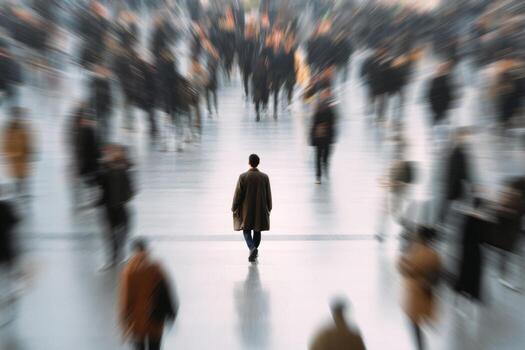 In a bustling train station filled with hurried commuters, a single individual walks calmly, creating a stark contrast to the surrounding motion blur of the crowd photo