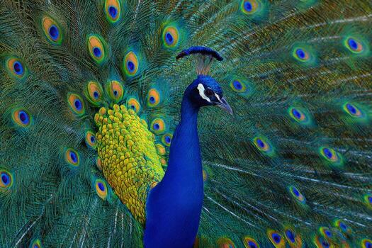 A peacock showcases its brilliant and colorful feathers in a full spread, revealing intricate patterns and vibrant hues. The display captures the essence of natures beauty in exquisite detail photo