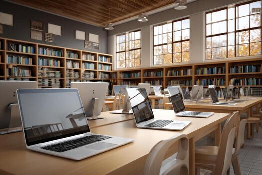 Rows of sleek laptops rest on wooden tables in a bright library. Natural light streams through large windows, illuminating bookshelves filled with numerous titles, creating a calm study environment photo