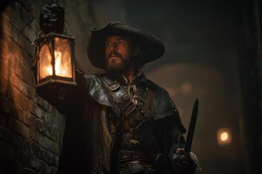 el mosquetero cautelosamente empresas abajo un oculto paso, su espada dibujado y linterna retenida alto, esclarecedor el oscuro paredes con parpadeando luz, preparado para inesperado amenazas foto