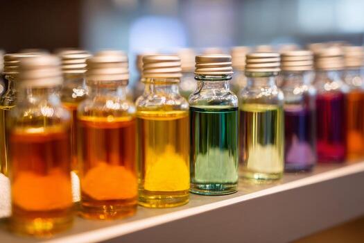 Various bottles of vibrant essential oils and serums are neatly lined up on a spa shelf. The soft focus highlights the calming colors, enhancing the tranquil environment photo