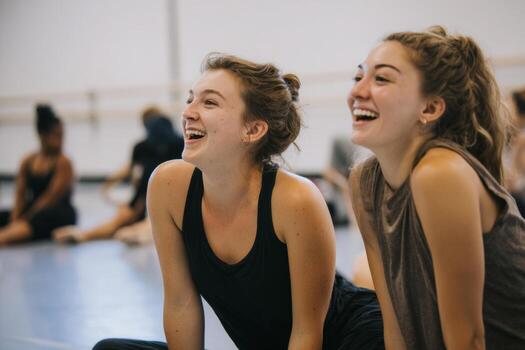In a vibrant studio, dancers are engaged in a warm up session, laughing and stretching together on the floor, fostering a joyful and supportive environment photo