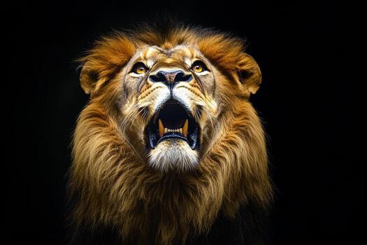 A powerful lions face roars fiercely, showcasing its sharp teeth and vibrant mane. The dramatic lighting emphasizes its fierce expression against the stark black background, highlighting its majesty photo