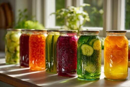 Brightly colored jars containing various preserved vegetables are arranged neatly on a kitchen counter. The sunlight illuminates the vibrant hues of the jars, creating an inviting atmosphere photo