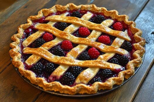 A rustic pie features a golden lattice crust filled with vibrant fresh berries, displayed on a wooden table in a cozy kitchen, evoking a sense of warmth and home photo