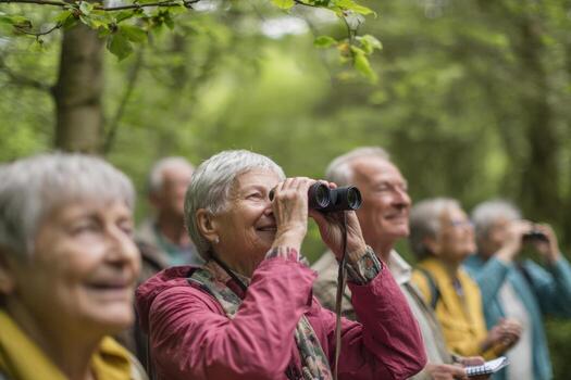 A group of seniors engages in bird watching at a wildlife sanctuary. They observe various species through binoculars and take notes, enjoying the peaceful surroundings photo
