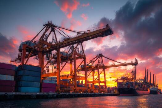 grúas torre terminado un ocupado Envío Puerto como ellos carga contenedores sobre carga buques. el puesta de sol yesos un brillante formación de colores en el cielo, creando un sorprendentes fondo para el industrial actividad foto