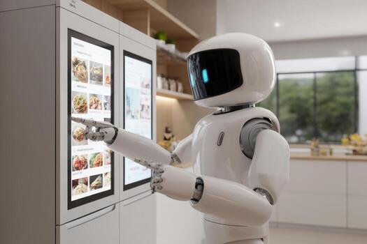 A robot chef is seen engaging with a smart refrigerators touchscreen interface displaying meal options. The sleek kitchen setting is bright and contemporary, showcasing various ingredients photo