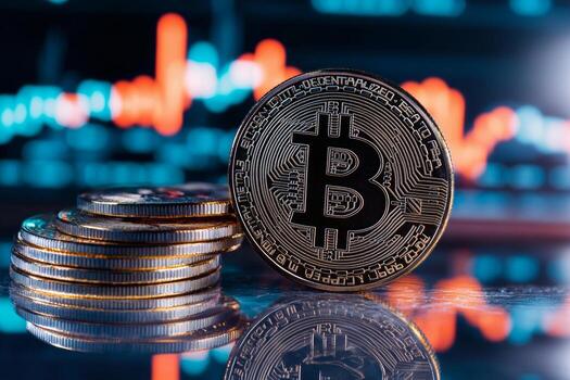 A stack of Bitcoin coins is displayed on a bright reflective surface. Glowing cryptocurrency graphs illuminate the backdrop, showcasing financial trends photo