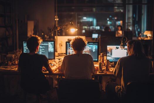 Dedicated team works intensely in their home office after hours, illuminated by glowing screens and fueled by energy drinks, focused on their startup project amid a lively atmosphere photo