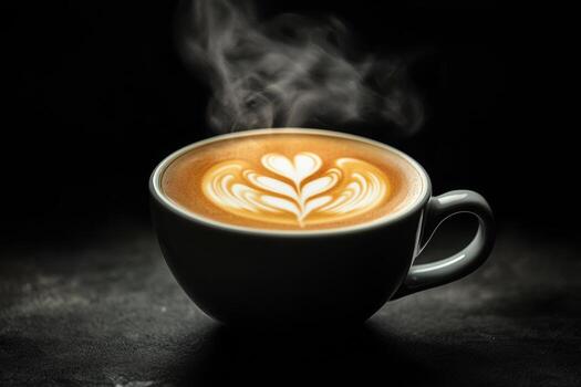 A steaming cup of coffee displays intricate latte art, surrounded by a dark atmosphere. The warmth and aroma create a cozy feeling perfect for morning enjoyment photo