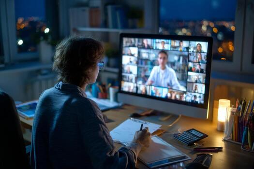 Attending a virtual seminar on a desktop monitor, a student takes notes while a calculator and additional materials are arranged on the desk. The evening city view adds to the atmosphere photo